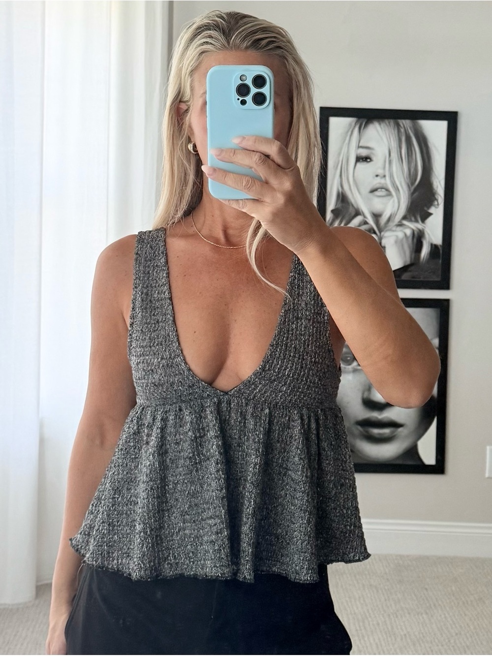 Urban Outfitters Gray Deep V Peplum Knit Tank